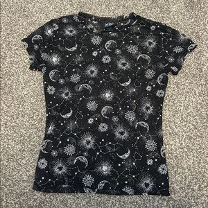 Black and White Celestial Print Mesh T-Shirt